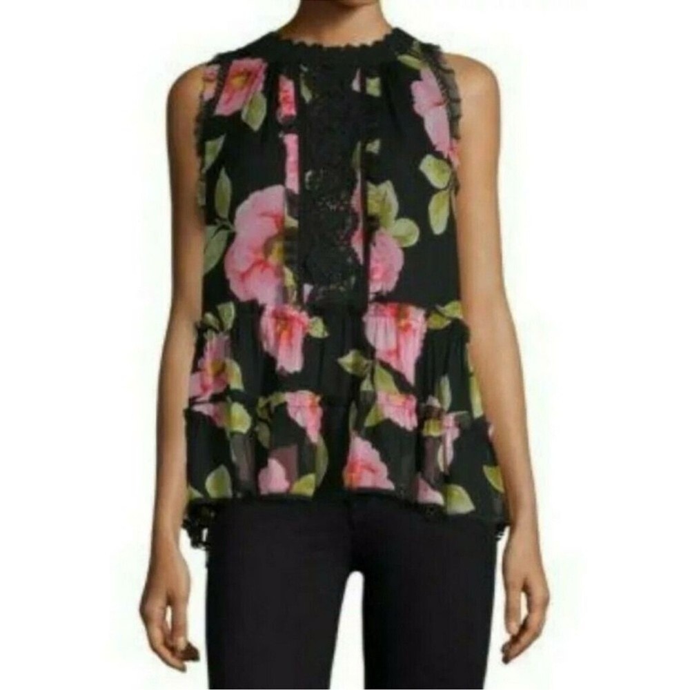 Kate Spade Madison Avenue Vintage Bloom Lauryn Top Black Pink Floral Silk XS NWT